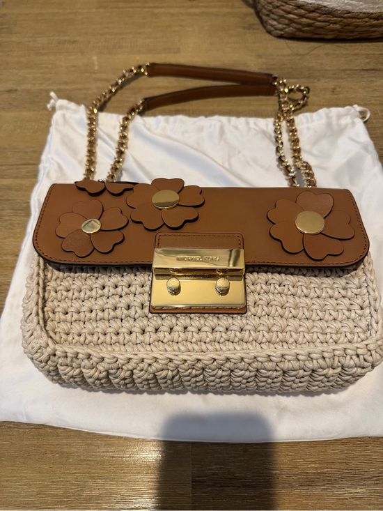 Michael Kors Handbags - Michael Kors Brown Leather Floral Flap with Cream Crochet Shoulder Bag